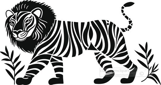 black and white folk art style lion made with floral and geometr