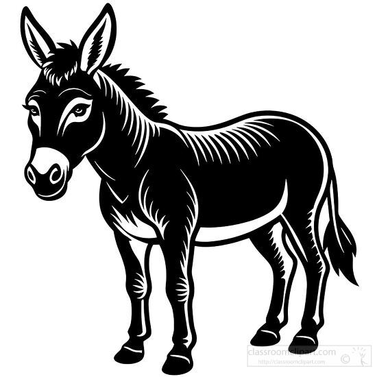 Black and white illustration of a standing donkey clipart