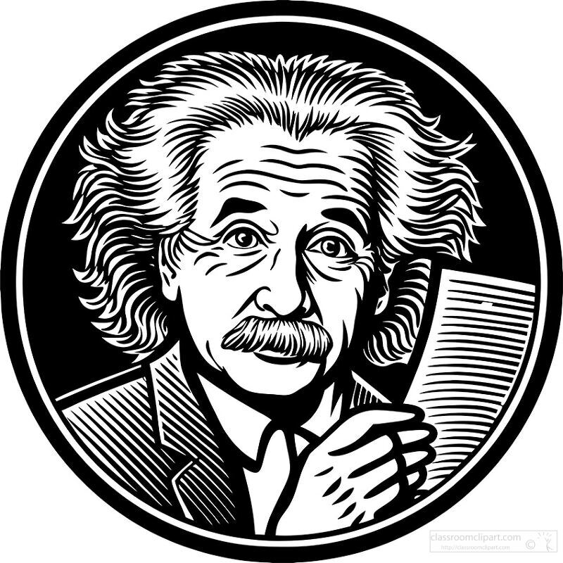 black and white illustration of Albert Einstein holding paper