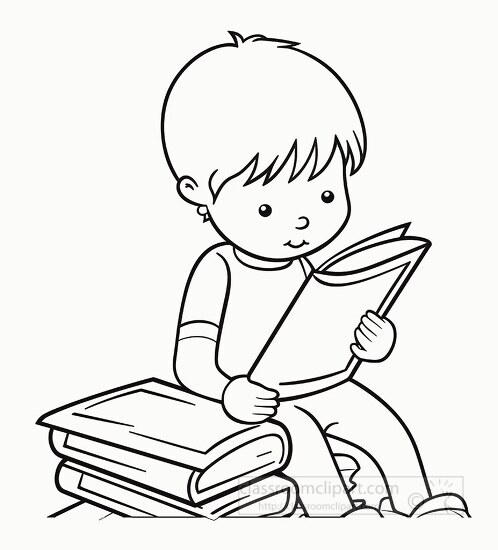 black and white line drawing of a young boy deeply engrossed in 