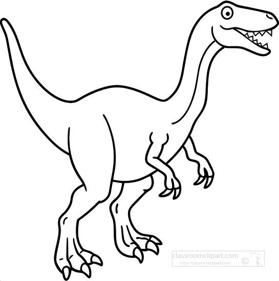 black and white outline illustration of a cartoon Velociraptor clipart