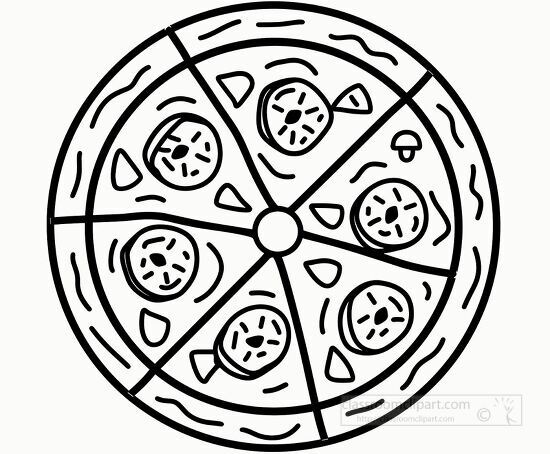 black and white pizza illustration with various toppings clipart