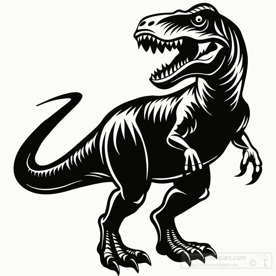 black and white silhouette line art of a Tyrannosaurus rex with a long tail standing on two legs clipart