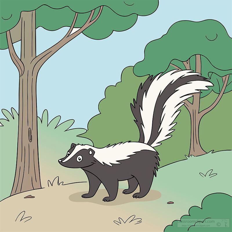 black and white skunk stands in a forest clearing