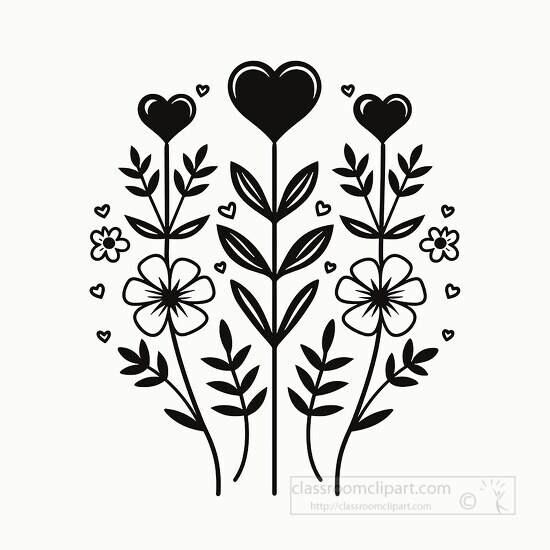 black botanical heart display with various heart and flower moti