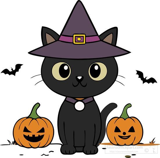 black cat wearing a witch hat surrounded by pumpkins and bats