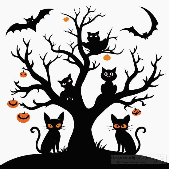 Black cats and bats perched on a spooky tree