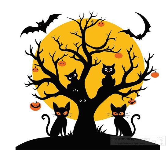 Black cats and bats perched on a spooky tree orange moon clipart