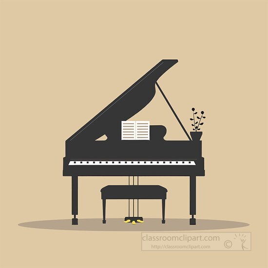 black grand piano with music sheets and a plant against a beige 