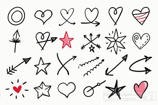 Black ink sketches of stars hearts and arrows with a hand drawn