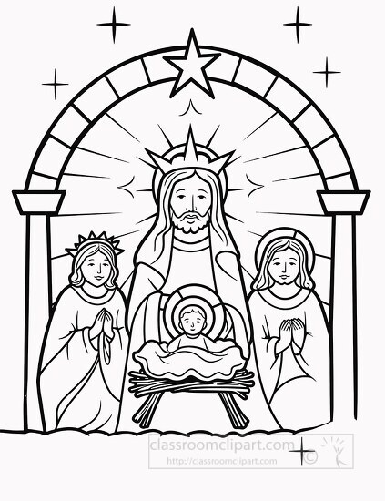 black outline of a printable Christmas nativity scene with Jesus
