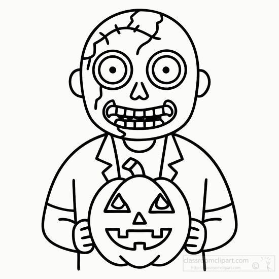 black and white drawing of a zombie holding a smiling pumpkin for Halloween printable coloring page clipart