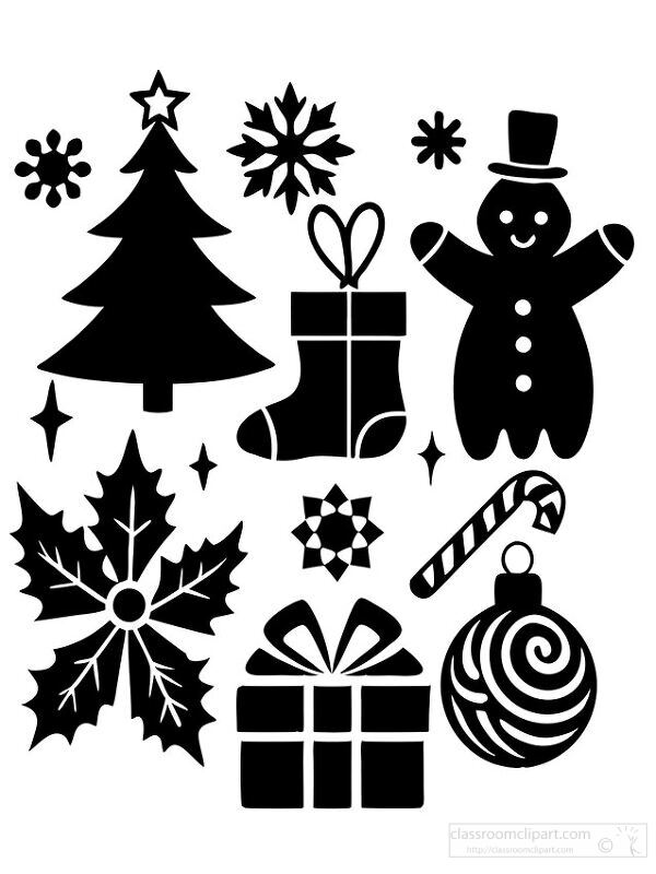 black silhouette set of holiday themed symbols of Christmas trees