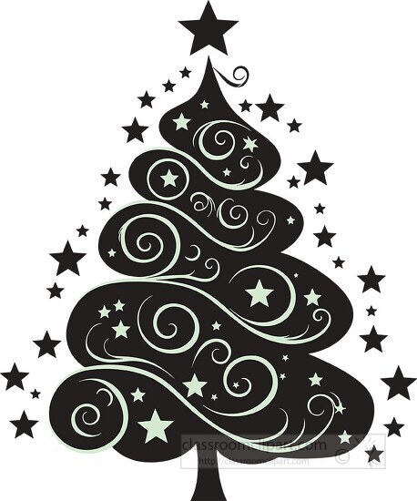 Black swirl patterned Christmas tree illustration on a beige bac