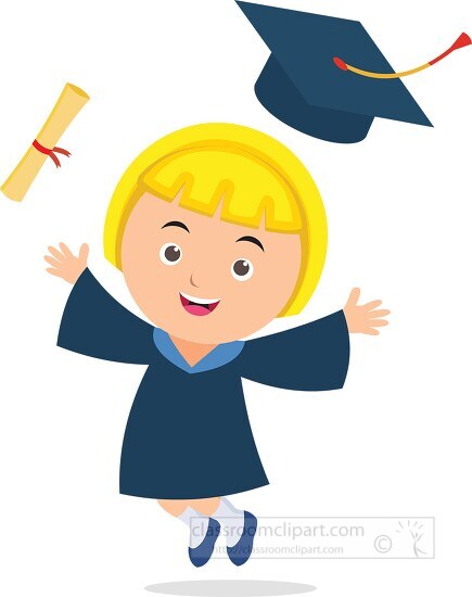 blonde hair female student jumping for joy at graduation