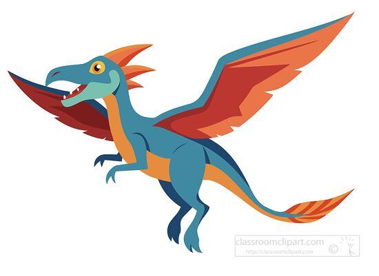 blue cartoon pterodactyl with large orange extended wings in flight clipart