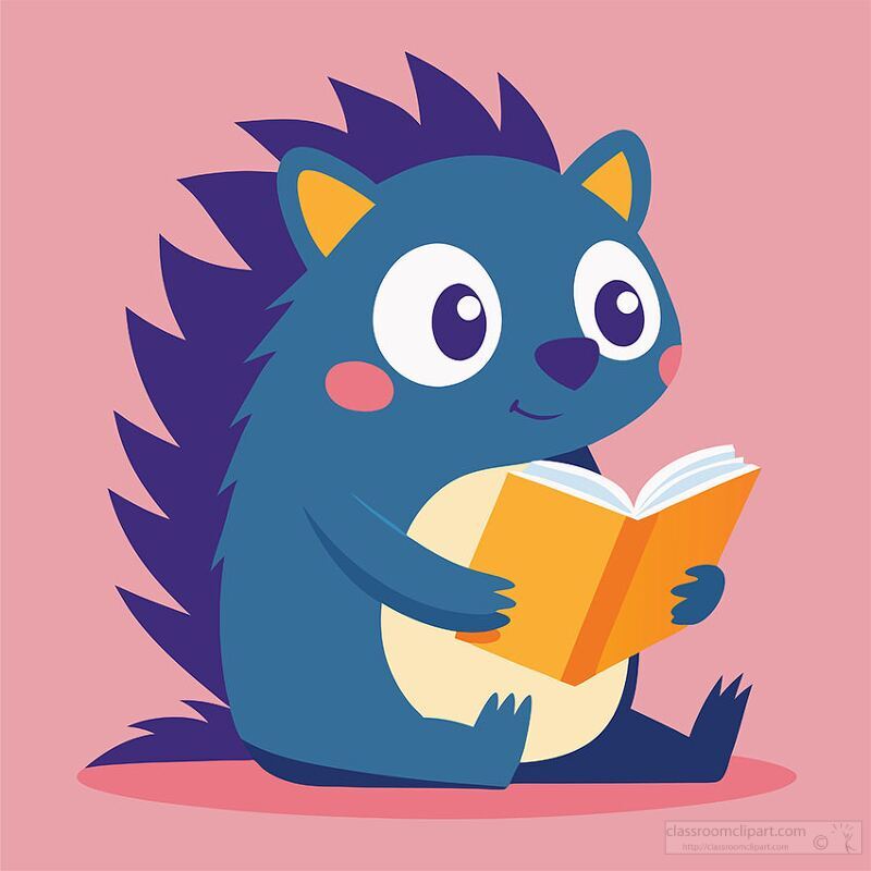 blue porcupine with purple spikes reads a book