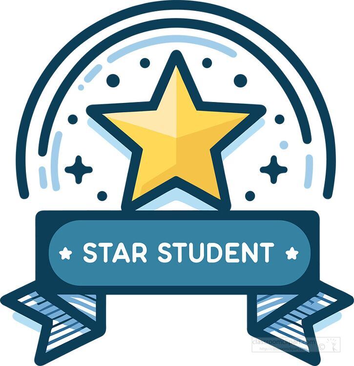blue star student badge with text and yellow star