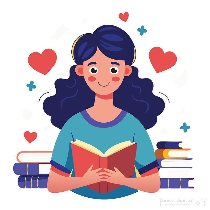 book loving girl in a colorful setting full of hearts and warmth