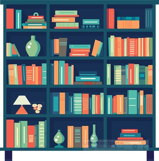 books stacked on a home library bookshelf clip art
