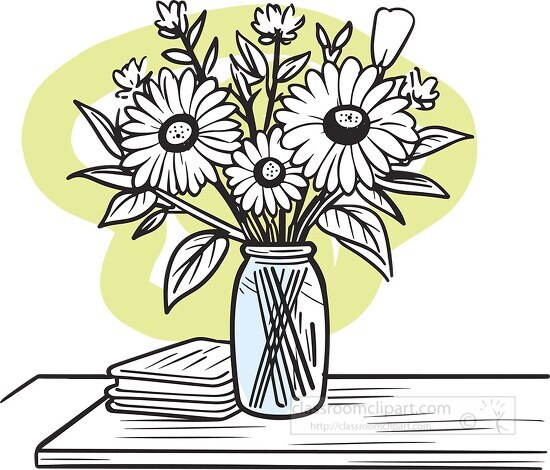 bouquet of flowers on a table black outline drawing with yellow 