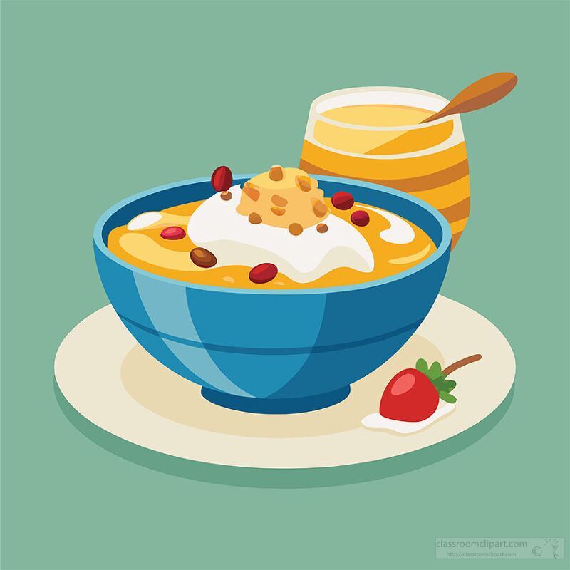 A blue bowl of creamy yogurt topped with granola, nuts, and honey, accompanied by a glass of orange juice and a strawberry - breakfast clipart