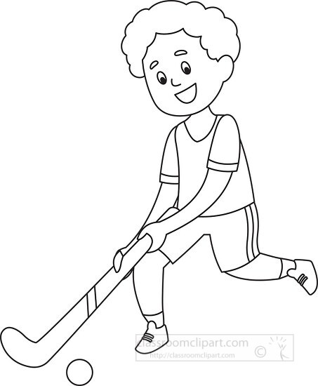 boy aims hockey stick to hit puck black outline clipart