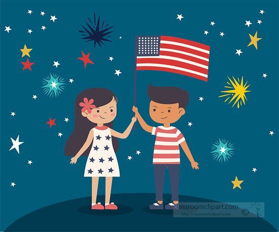 boy and girl with fireworks and stars in the background