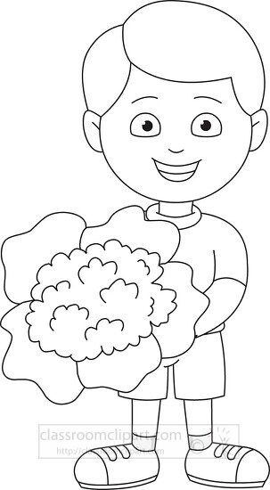boy cartoon character holding cauliflower black outline clipart