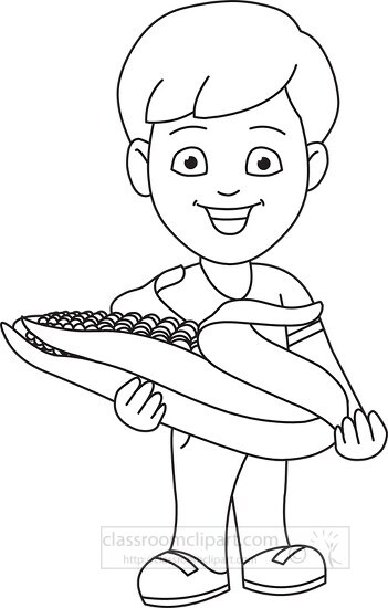 boy cartoon character holding corn black outline clipart