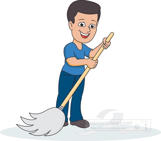 boy cleaning debris with broom clipart
