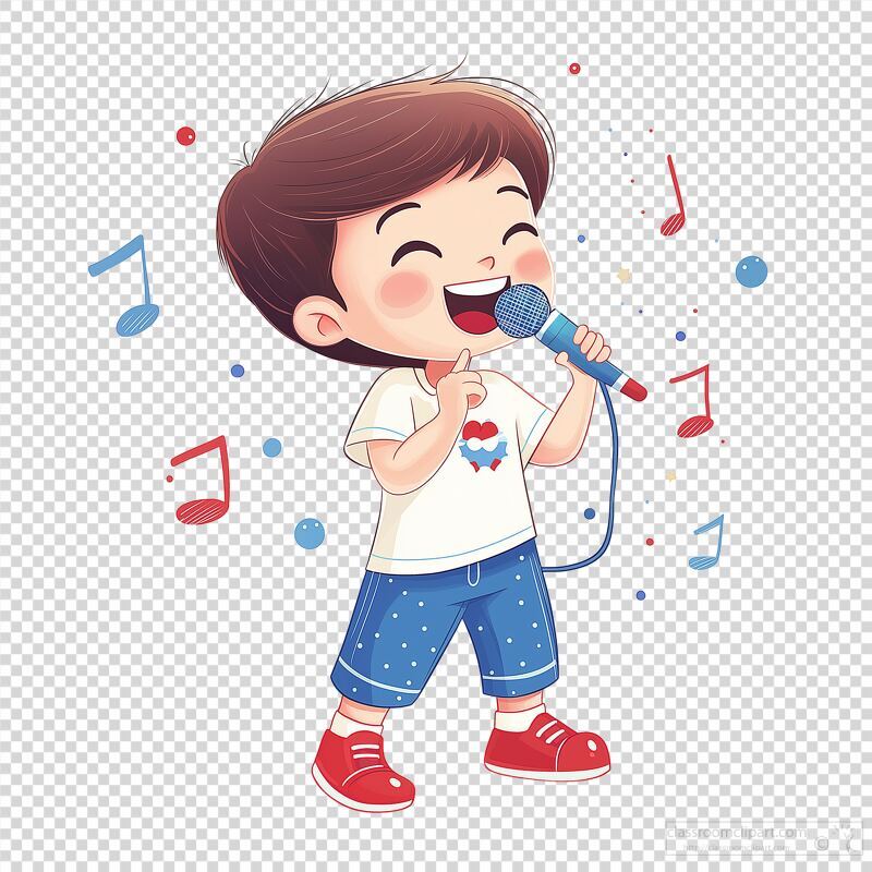 Boy Enjoying Singing With a Microphone and Music Notes