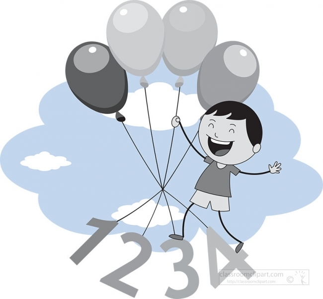 boy flying with colourful balloons numbers math clipart