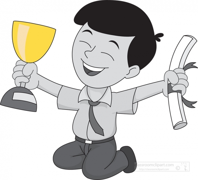 boy happy with trophy and certificate gray color clipart