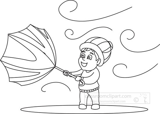 boy holding umbrella blowing in wind clipart black outline