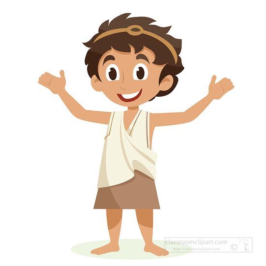 boy in ancient greek attire with arms outstretched
