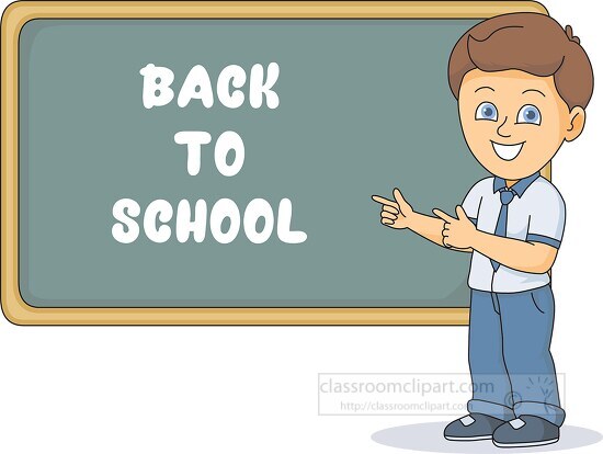 boy in front of chalk board showing back to school