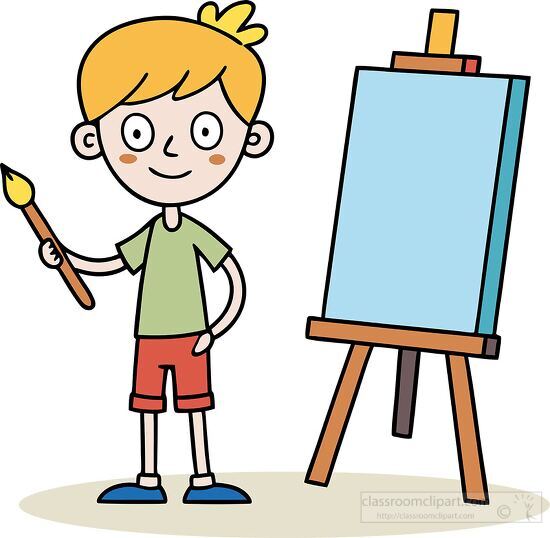 boy painting on an easel with a brush wearing a green shirt