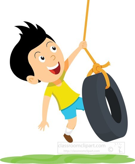 boy playing outdoors on a swing make from a tire clipart