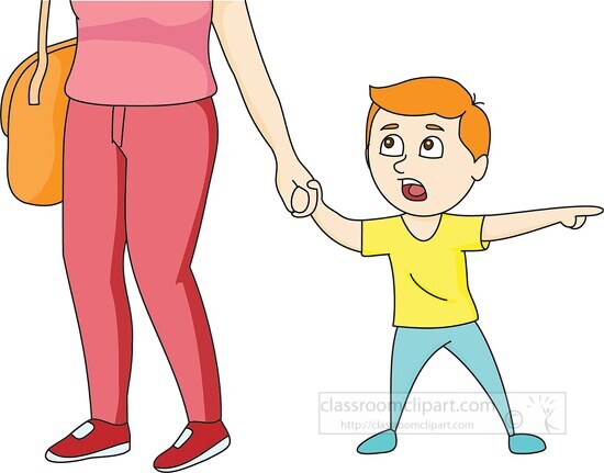 boy pointing pulling mothers hand while walking clip art