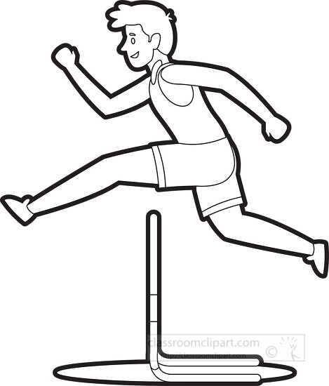 boy races over obstacle in hurdles race outline clipart