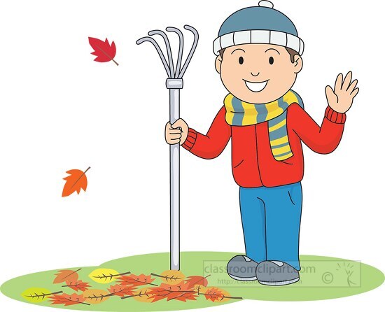 boy raking leaves falling from trees in the fall