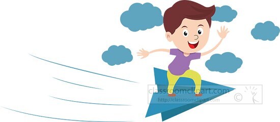 boy riding  paper airplane in the clouds vector clipart
