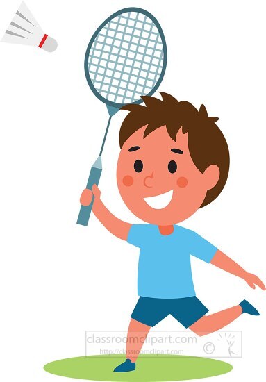 boy runs to hit birdie with badminton racquet clipart