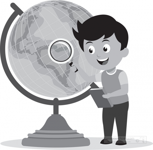 boy searching countries on globe geography gray color clipart
