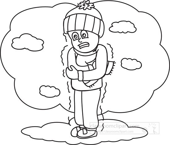boy shivering in the winter cold black outline