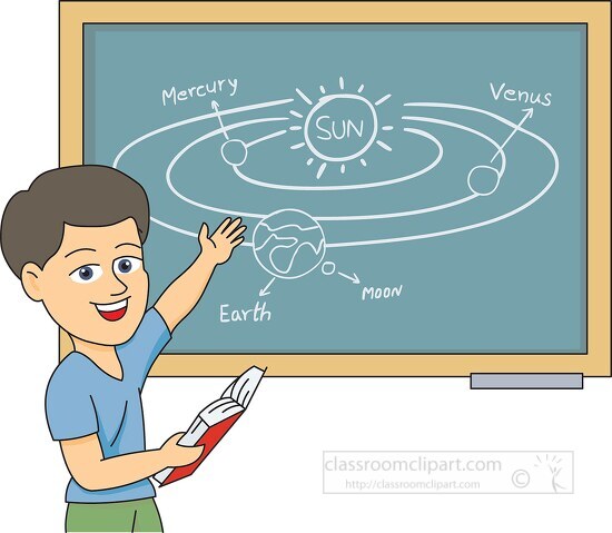 boy showing illustration of solar system in classroom
