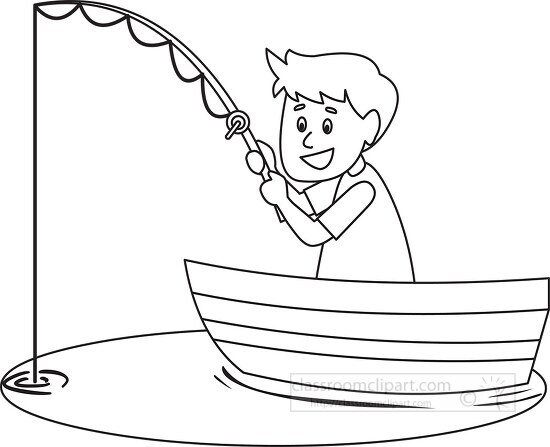 boy sits in small wooden boat fishing pole black outline clipart