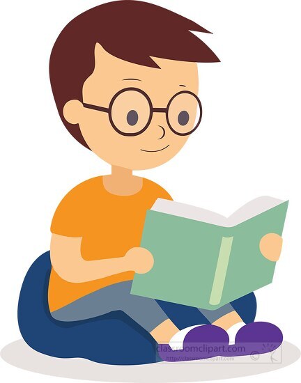 Book Clipart-boy sits on a bean bag chair holds book in his hands