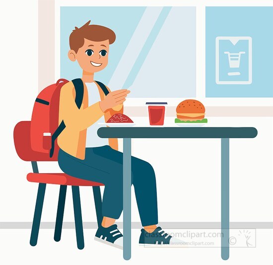 boy sitting at a table Eating lunch in the school Cafeteria